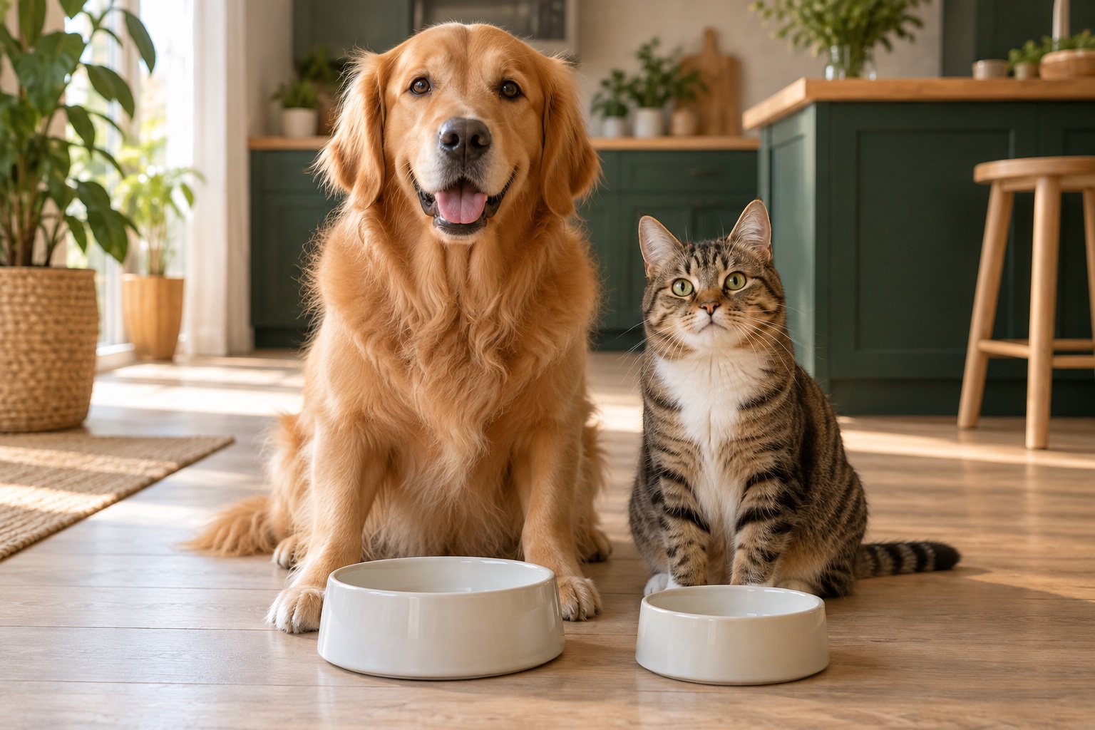 Hund und Katze warten gemeinsam vor ihren Futterschalen